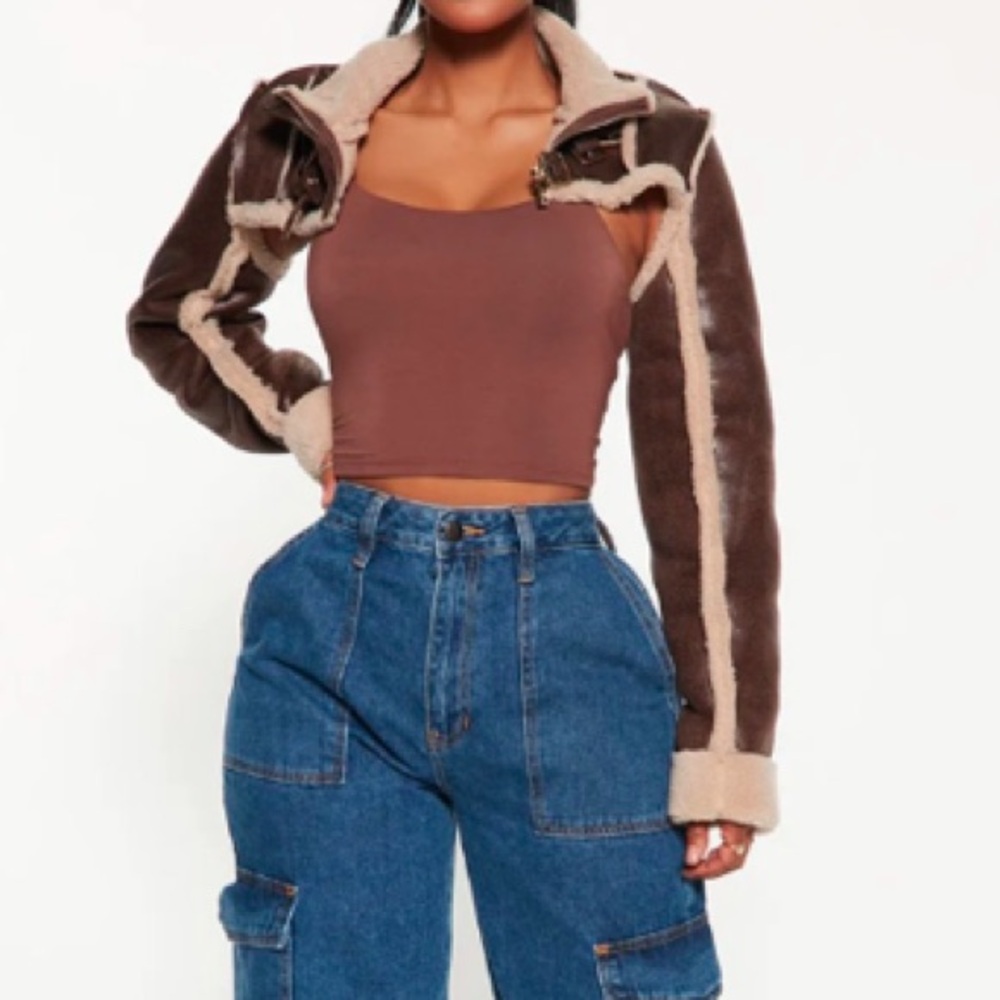Brown and Cream Cropped Jacket